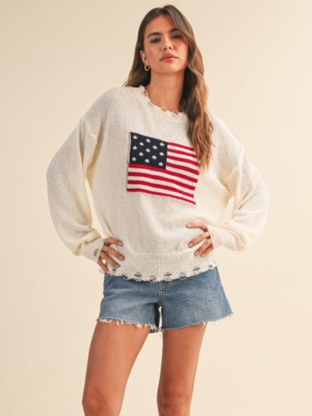 USA Flag Relaxed Fit Distressed Lightweight Sweater Americana 4th of July 250
